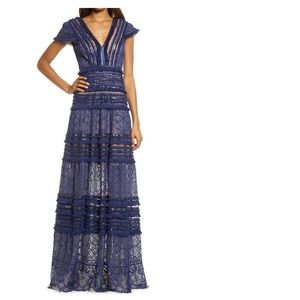 Tadashi Shoji Long Navy Lace Fringe Dress